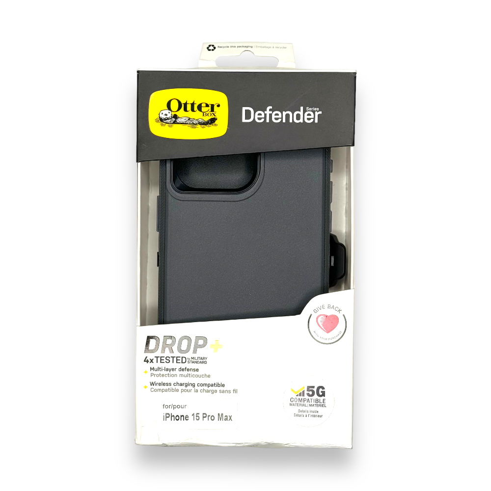 Estuche otterbox defender con clip color negro / gris modelo  iphone 15 pro max
