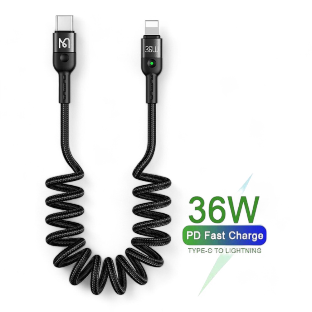 Cable mcdodo lightning ca-1960 36w pd type c to lightning car spring colocho cable color negro