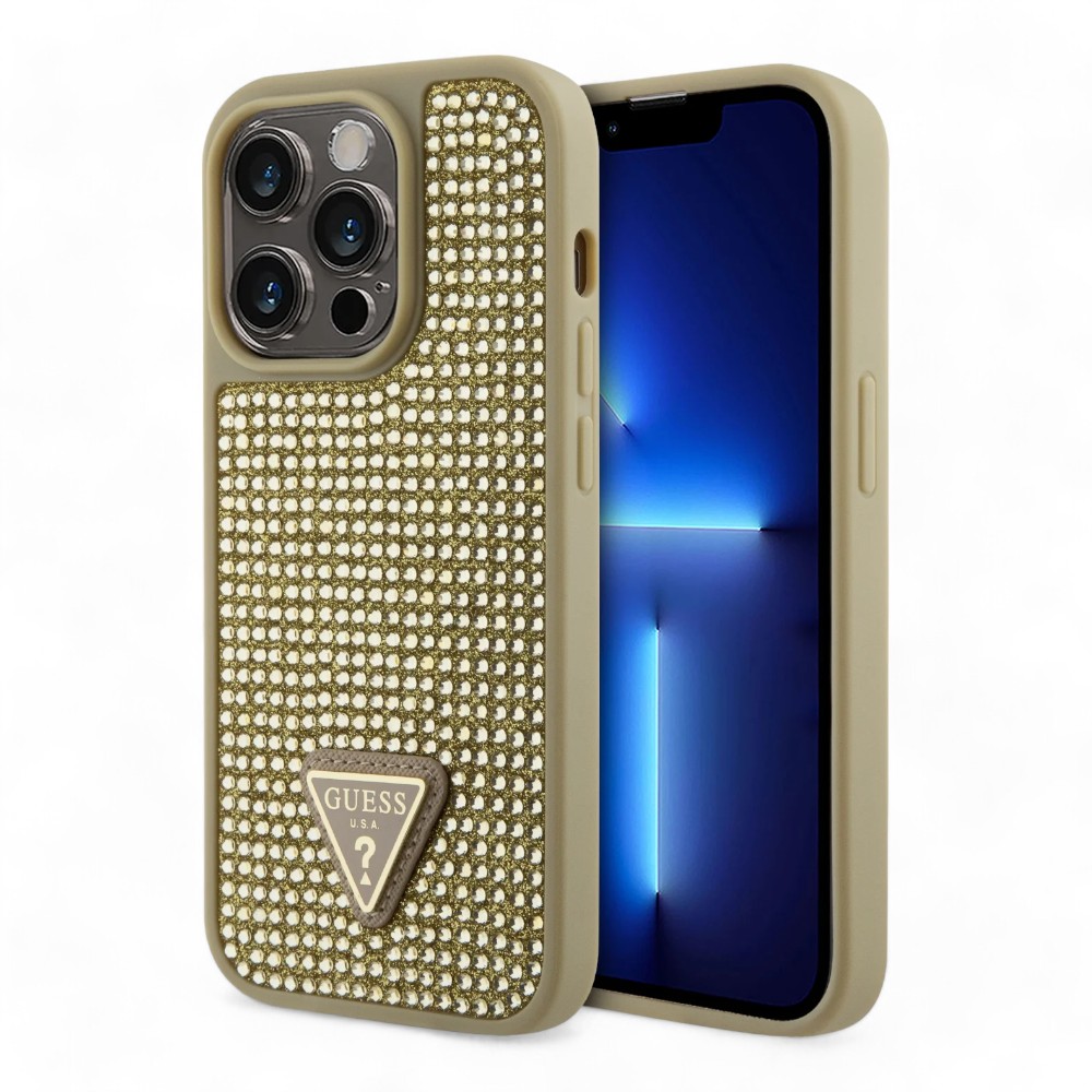 Estuche guess hard case iphone 15 pro pc/tpu gold hard case rhinestone triangle color dorado