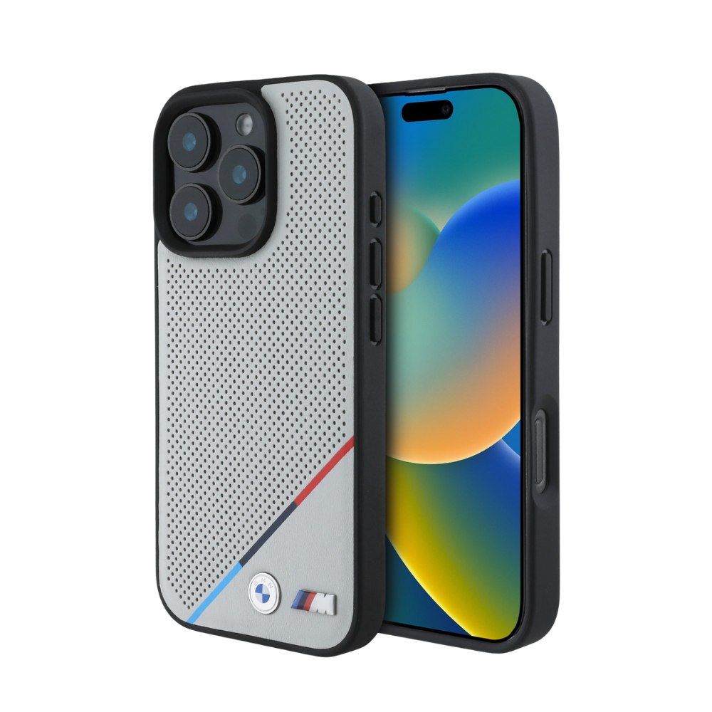 BMW hc m magsafe pu perforated tricolor line grey  iphone 16 pro max