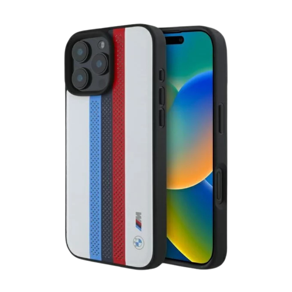 BMW hc m magsafe pu perf. tricolor printed stripes white iphone 16 pro max