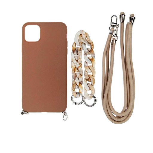 [07-128-011-0035-0052] Estuche el rey strap iphone 14 plus strap de mano + strap hombro color cafe