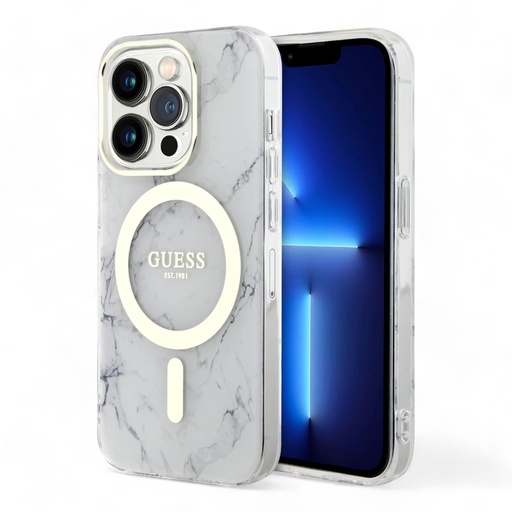 [07-062-060-0003-0215] Estuche guess magsafe iphone 15 pro - pc/tpu white hard case magsafe iml marble color transparente