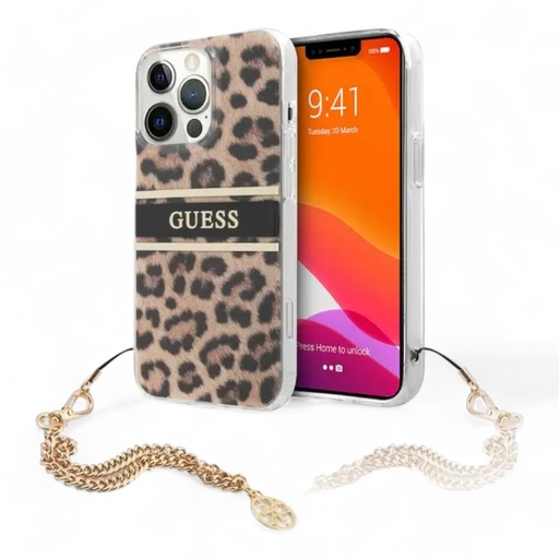 [07-045-060-0009-0284] Estuche guess hard case iphone 13 pro hard case leopard print leopard print and stripe with charm chain color multicolor