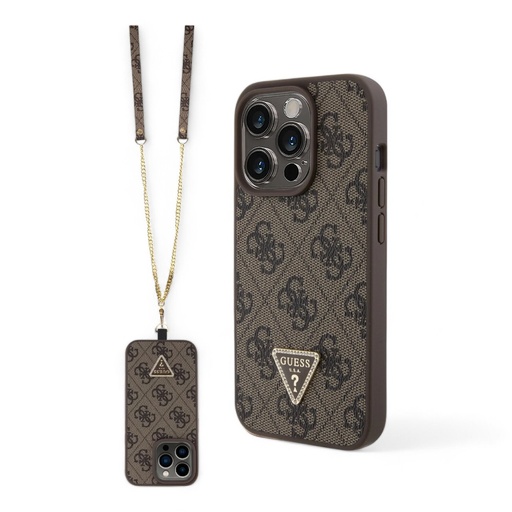 [07-045-060-0011-0052] Estuche guess hard case iphone 15 pro pu leather brown hard case metal logo strass crossbody color caf_