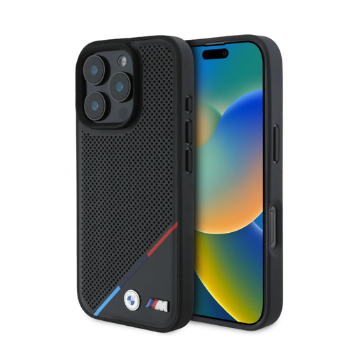 [07-63-000007] BMW hc m magsafe pu perforated tricolor line black iphone 16 pro