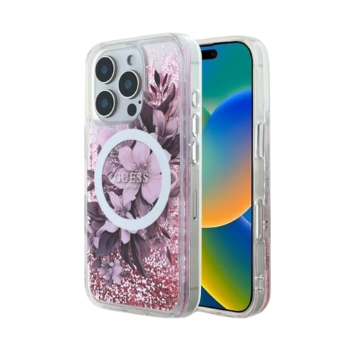 [07-60-000008] Guess hc magsafe liq. glitter flower pink iphone 16 pro