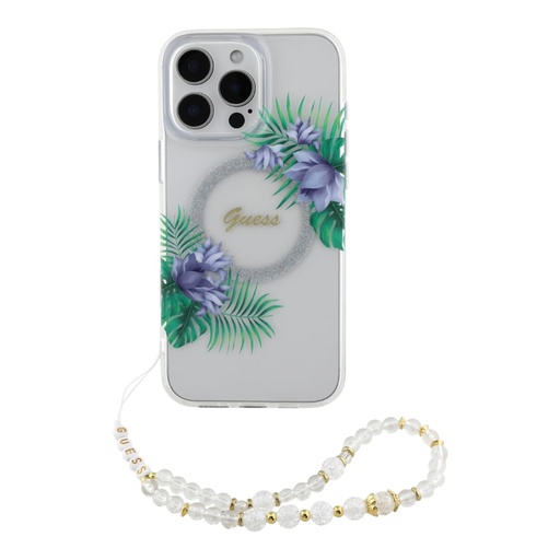 [07-60-000026] Guess hc magsafe iml flower wreath glitter w/ pearl strap white iphone 16 pro max