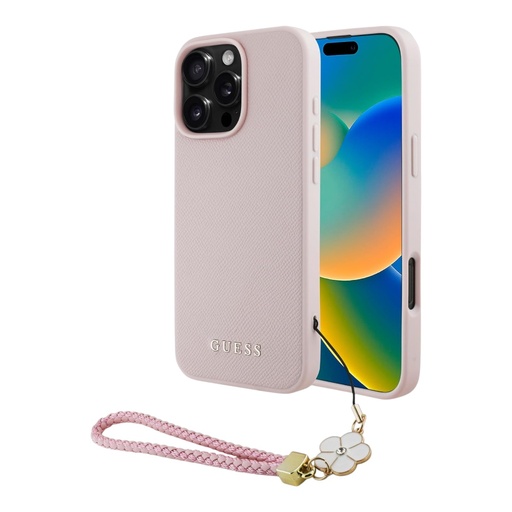 [07-60-000029] Guess hc magsafe grained pu w/flower charm strap pink iphone 16 pro max